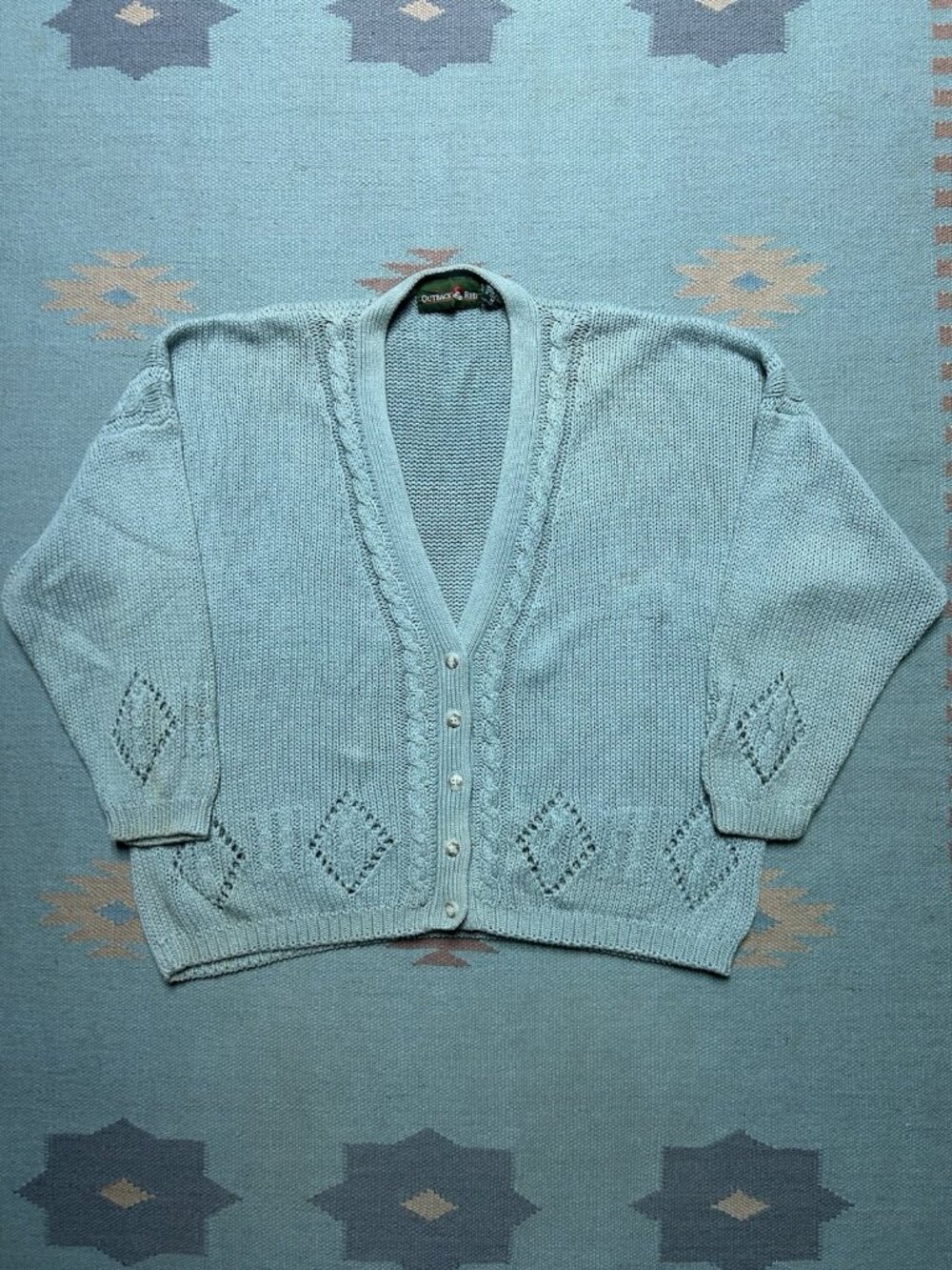 Vtg outback red cardigan sweater ramie cotton cable knit blue women’s medium